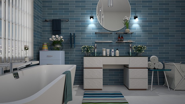 A bathroom with blue tiles 